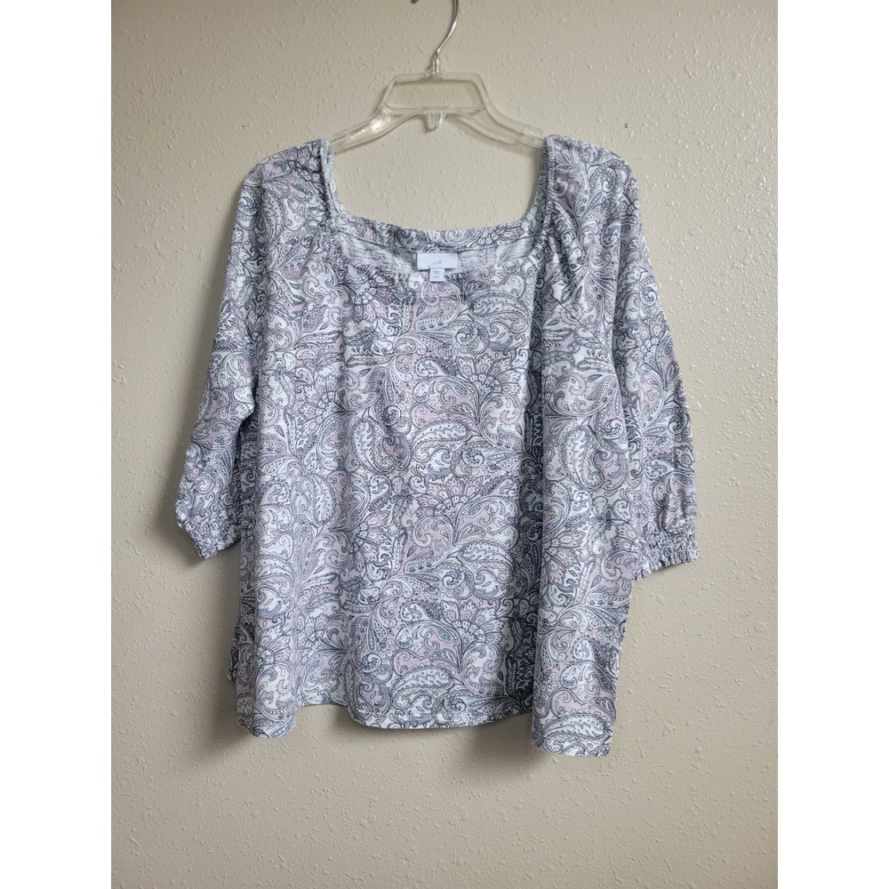 J. Jill Paisley Print Square Neck Top 3/4 Sleeve Cotton Modal Purple LP Petite
